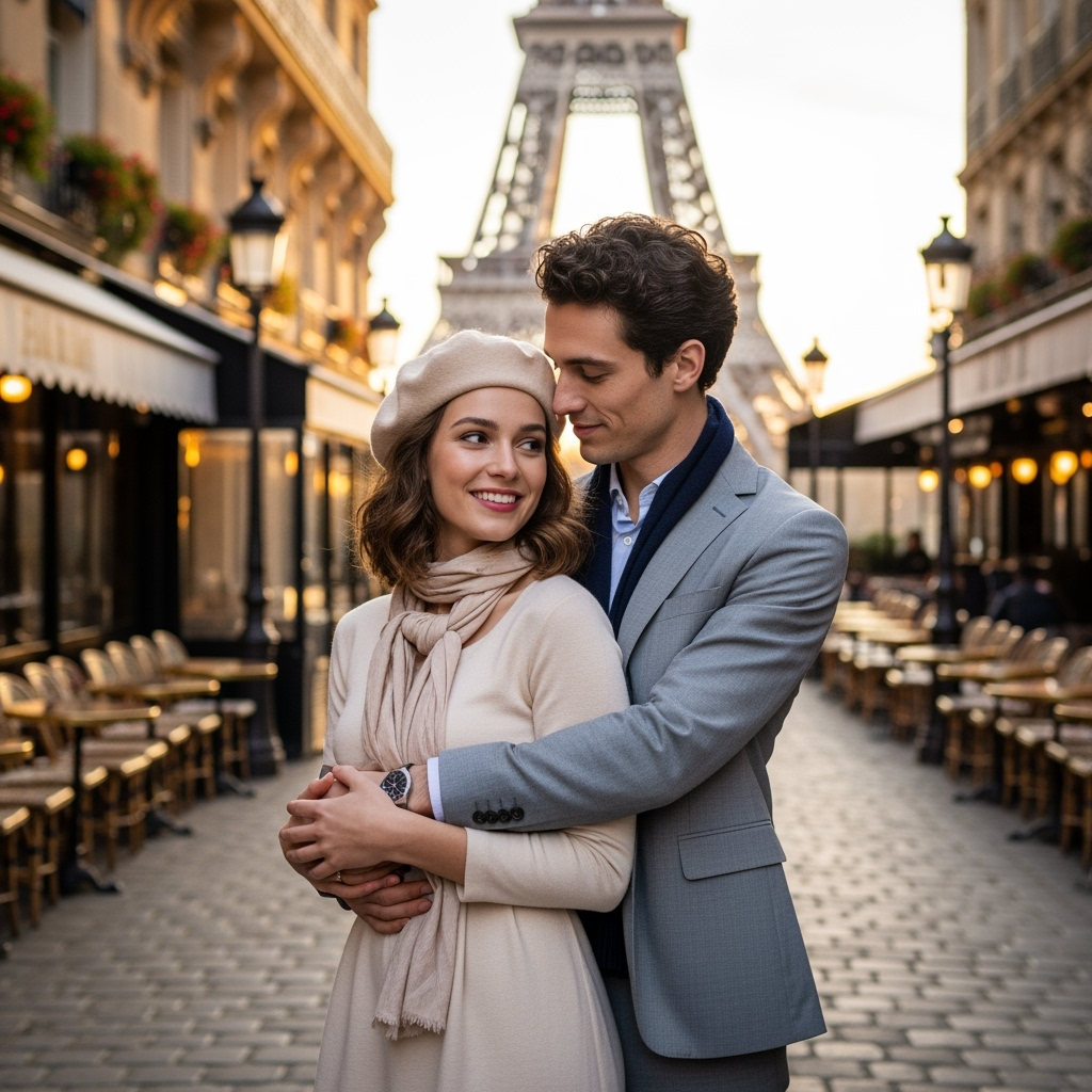 Parisian romance at sunset.