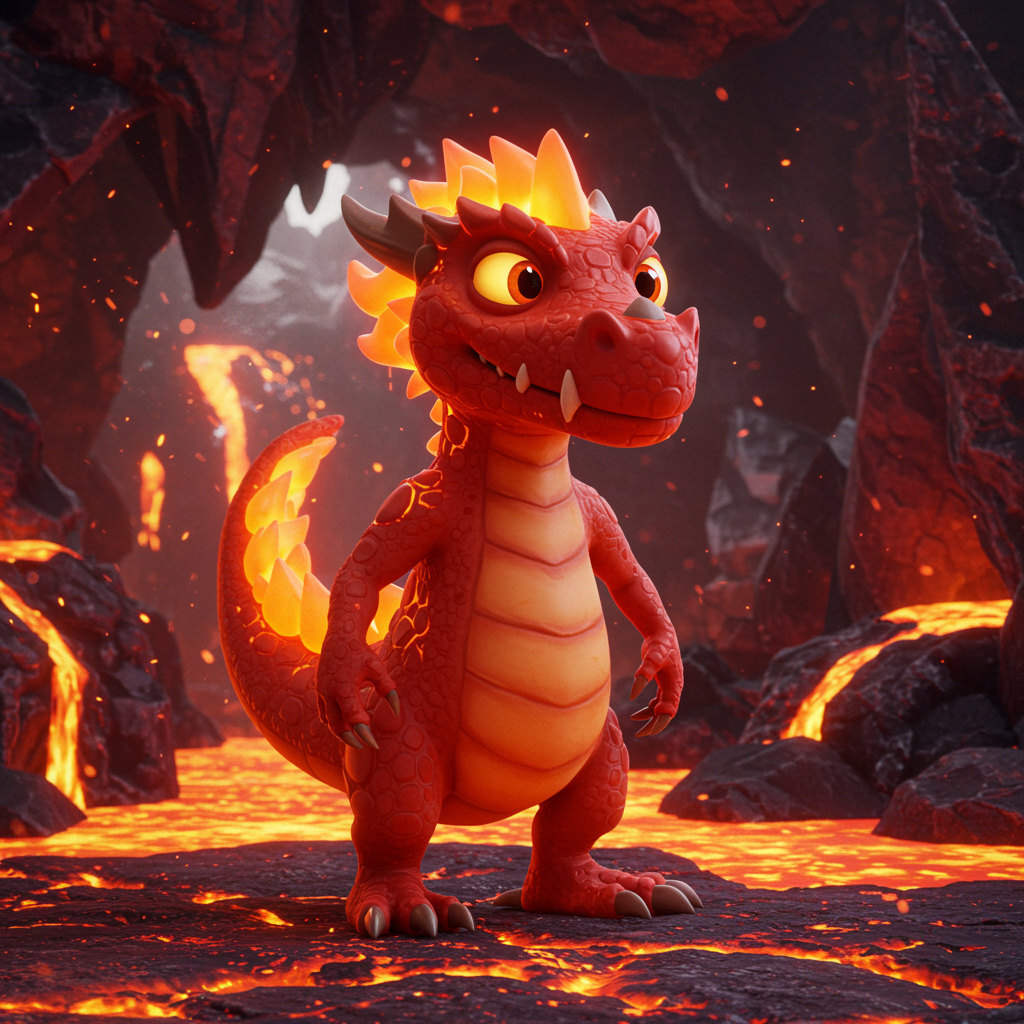 The protagonist enters the blazing lair of the Flame-Tail Drake, where lava flows and heat distort the air.