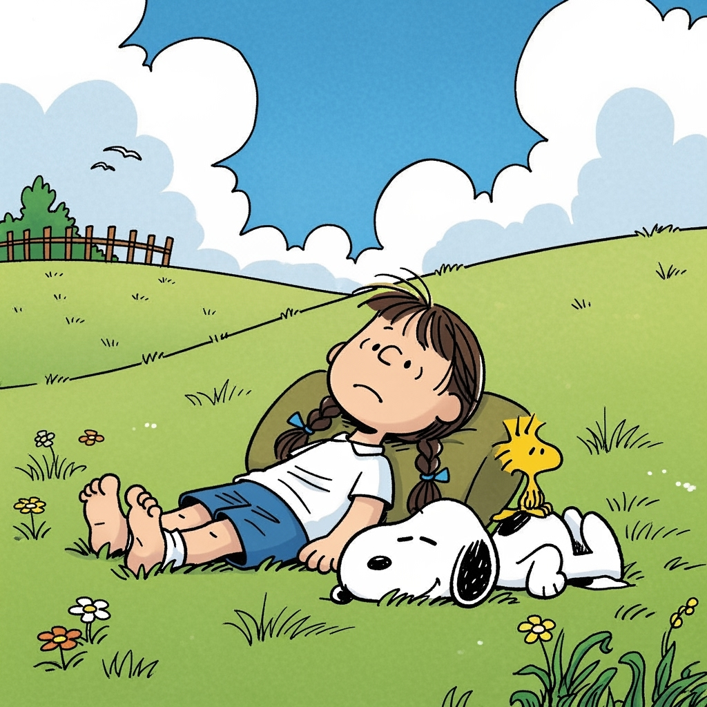 The girl lies down, gazing at the sky, while Snoopy rests his head on her stomach. Woodstock perches on her knee, looking upward.