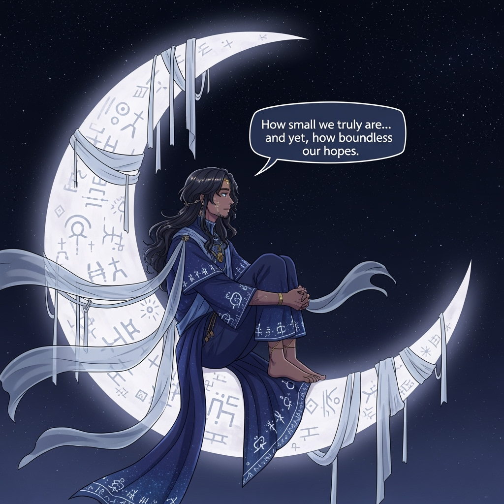 Finally, amidst the sea of stars, the lead hero sits in quiet reflection, their journey etched upon their face, as the cosmos hints at endless possibility.