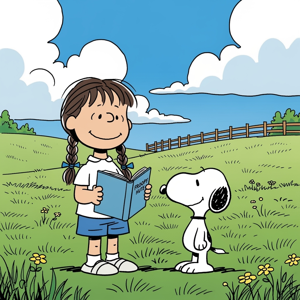 The girl closes the book and shares a warm, appreciative glance with Snoopy and Woodstock.