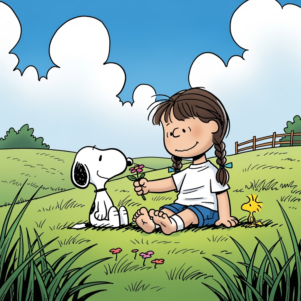 The girl sits up and picks a flower from the grass, offering it to Snoopy. Woodstock tilts his head curiously.