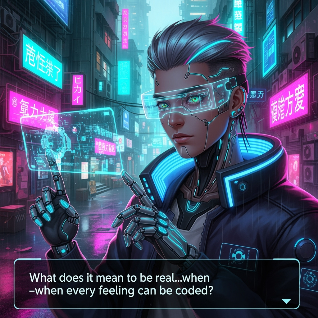 Within a neon-lit metropolis, the cyberpunk protagonist navigates the blurred line between humanity and machinery, wrestling with questions of identity.