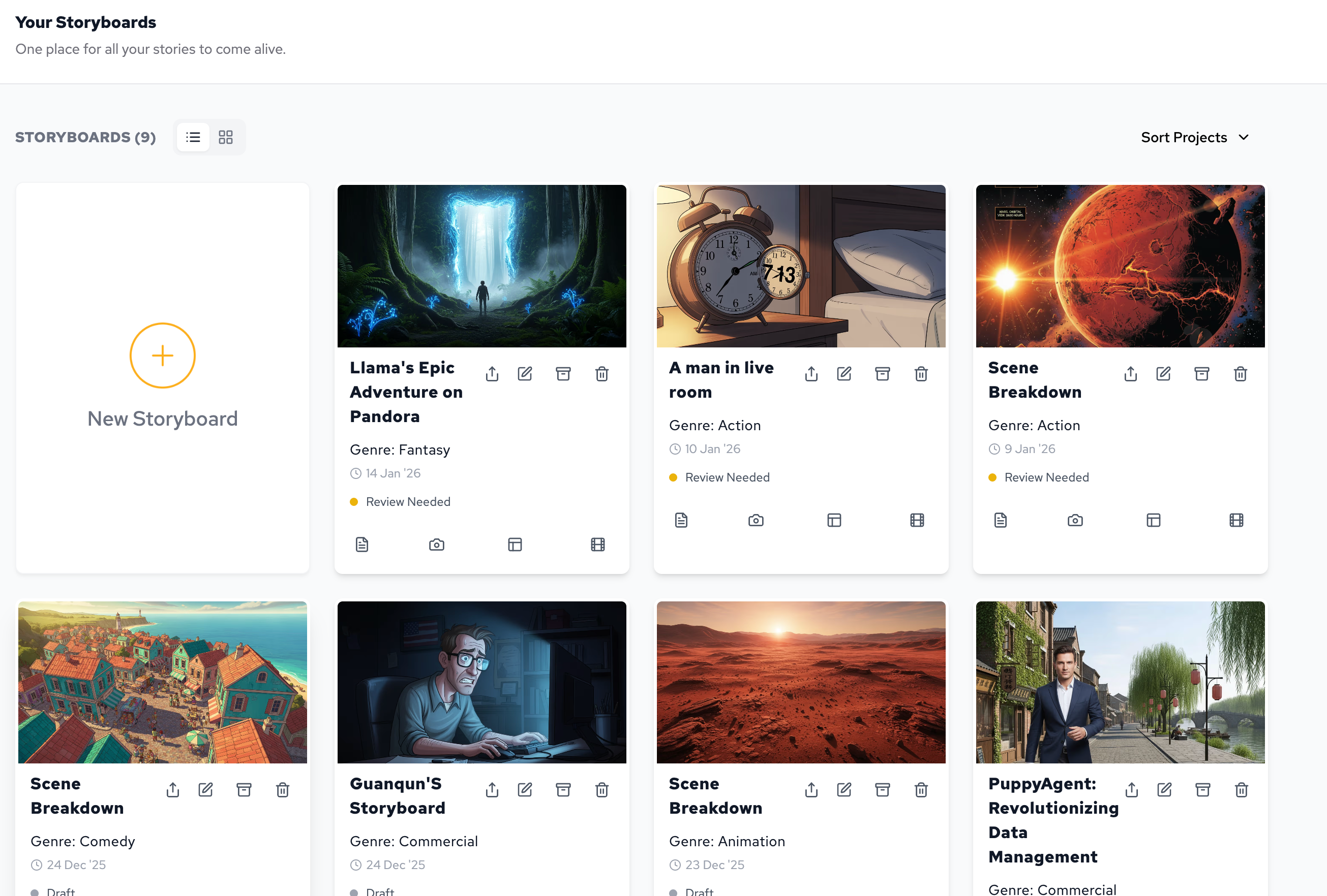 Interface showing project storyboard list management