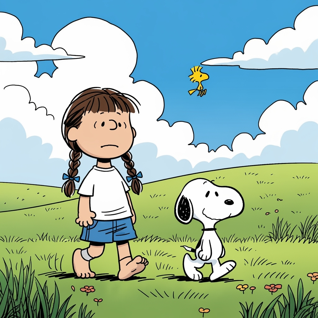 The girl starts walking across the grass with Snoopy beside her and Woodstock fluttering above.