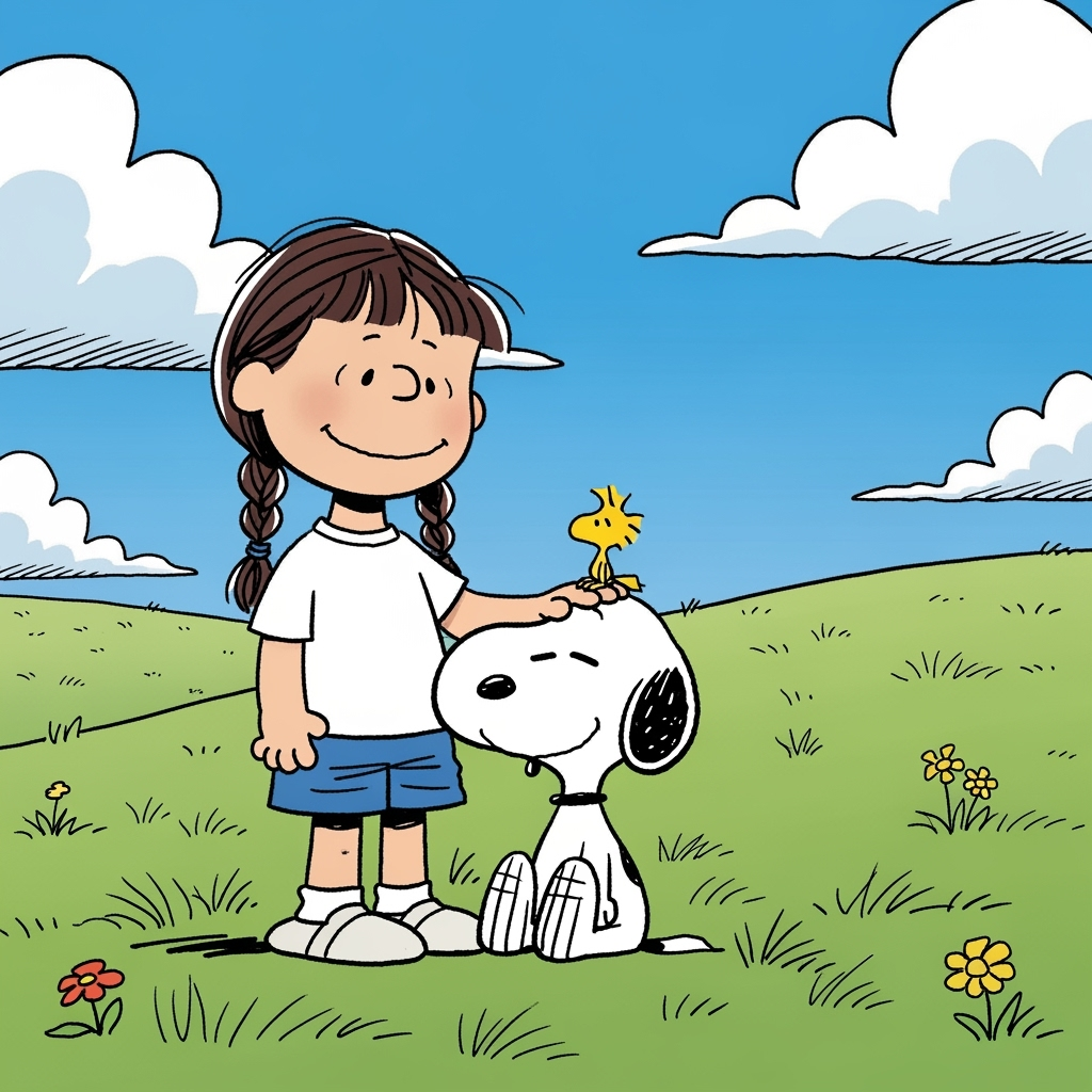 The girl leans closer, resting her hand on Snoopy's head, while Woodstock flutters his wings in excitement. Example 3