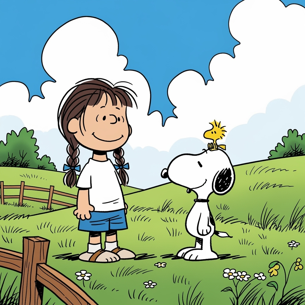 The girl tilts her head and smiles at Snoopy, who wags his tail. Woodstock chirps, adding to the cheerful mood. Example 2