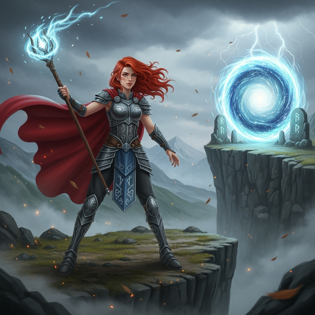 Magical Warrior stands tall atop a cliff, empowered by the energy of her runic staff and facing the swirling portal with fearless determination.
