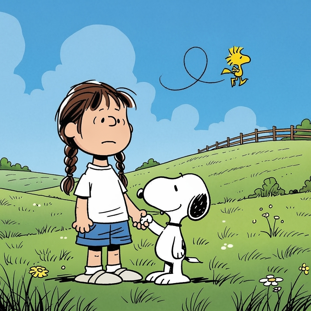 The girl stands and holds Snoopy’s paw as Woodstock flies a small circle around them. Together, they face the horizon, closing the story with hope and warmth.