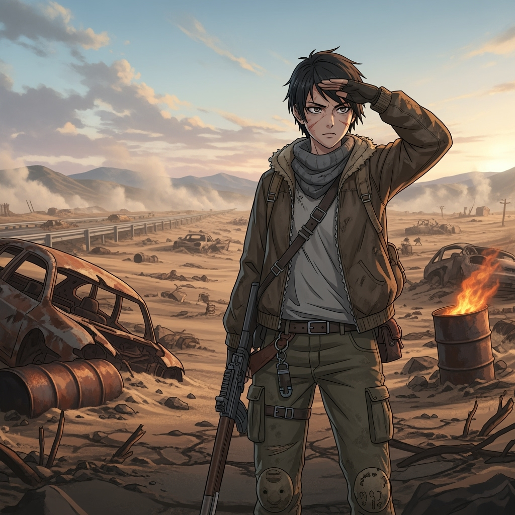 Post-Apocalyptic Survivor stands in a deserted wasteland, scanning the horizon for threats with unwavering resilience.