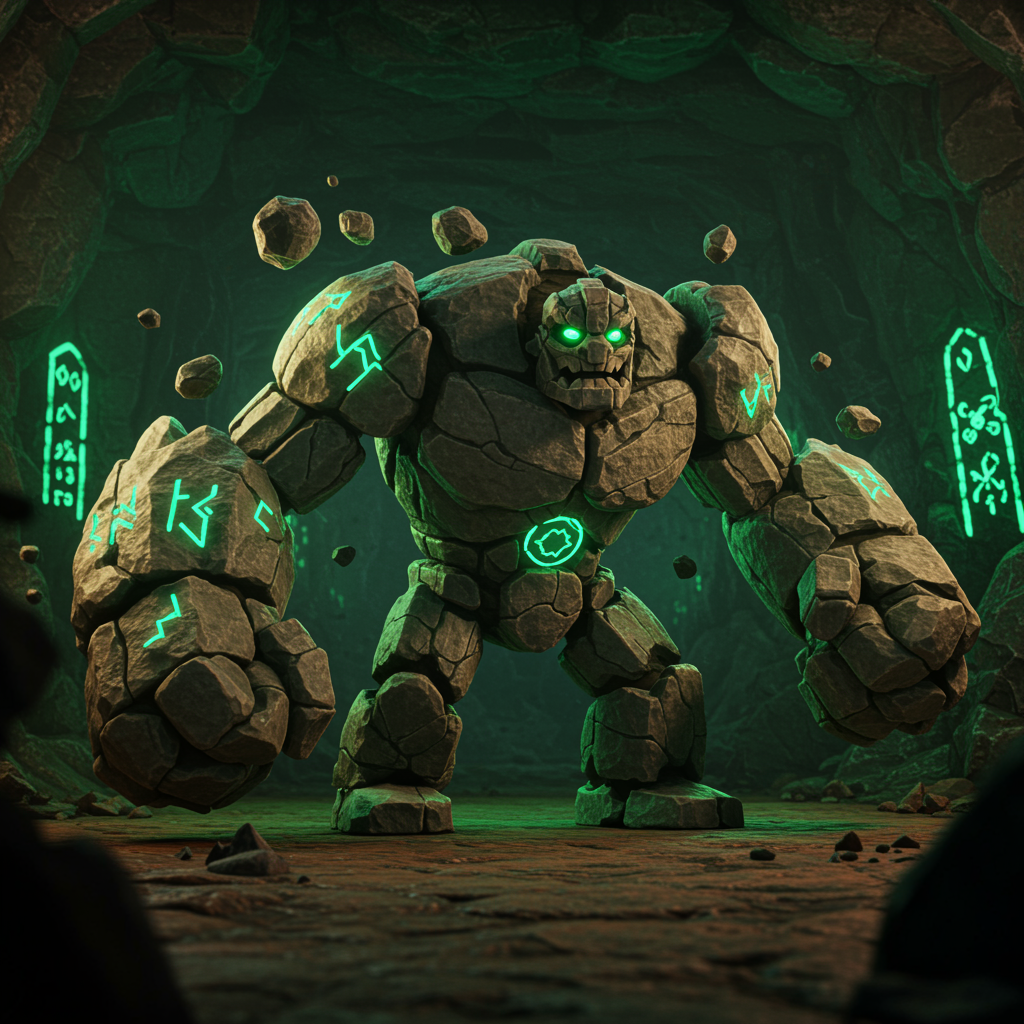 Stonebreaker Golem fights off shadow intruders in the mines. Example 3