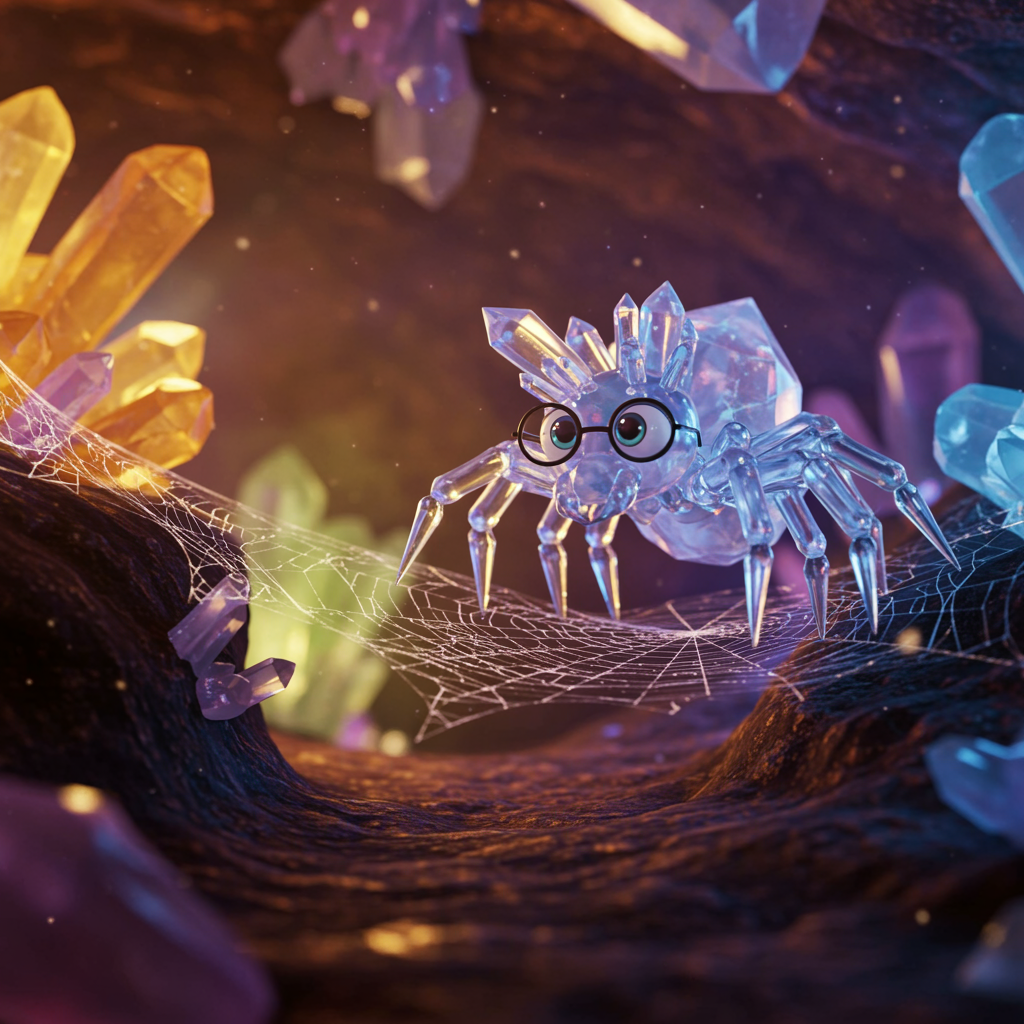 The protagonist ventures into a shimmering cave adorned with giant, intricate crystals. They unknowingly step into the intricate traps of the calculating Crystal Arachnid, who swiftly moves in to ensnare them.