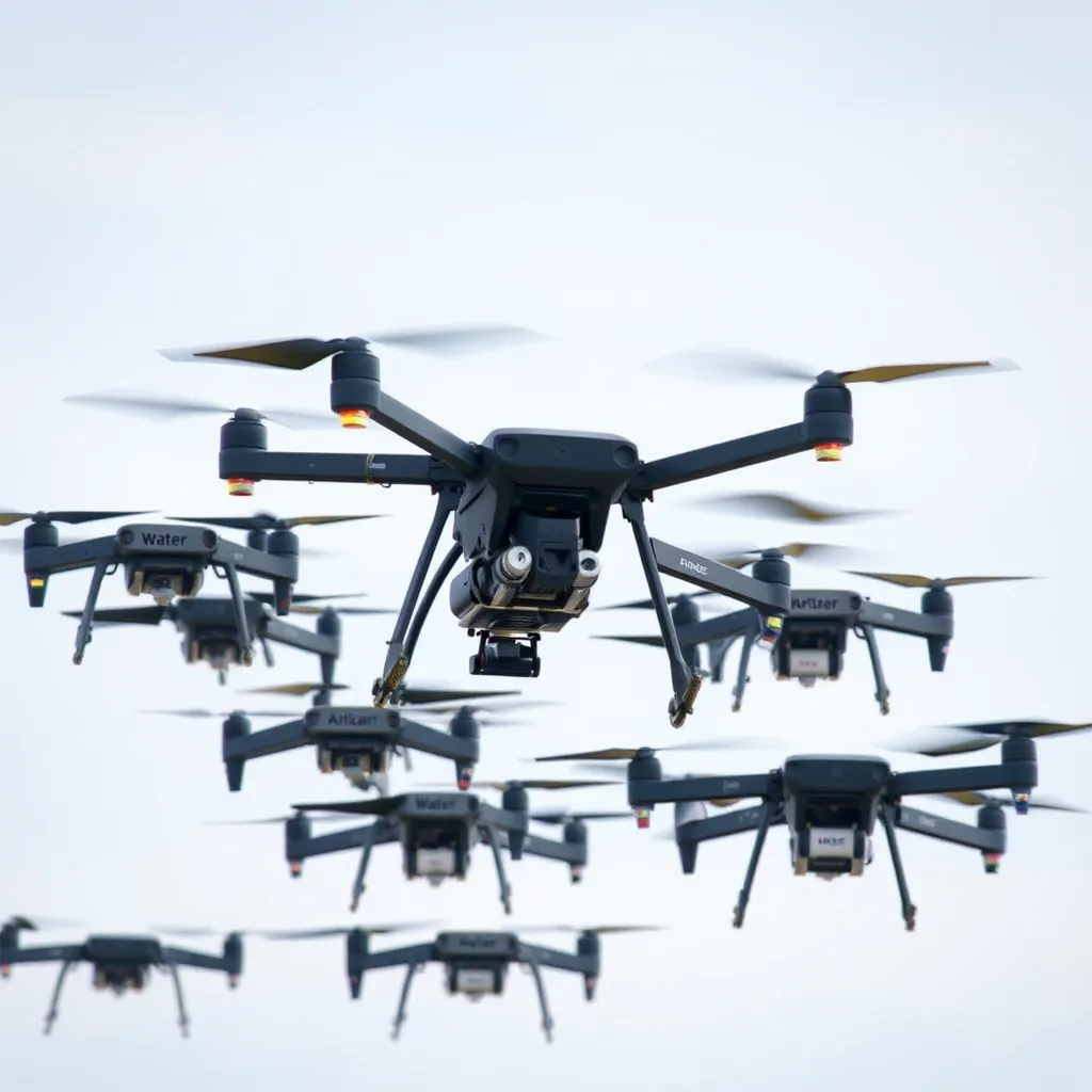 A fleet of autonomous drones working together to detect and extinguish fires before they spread.