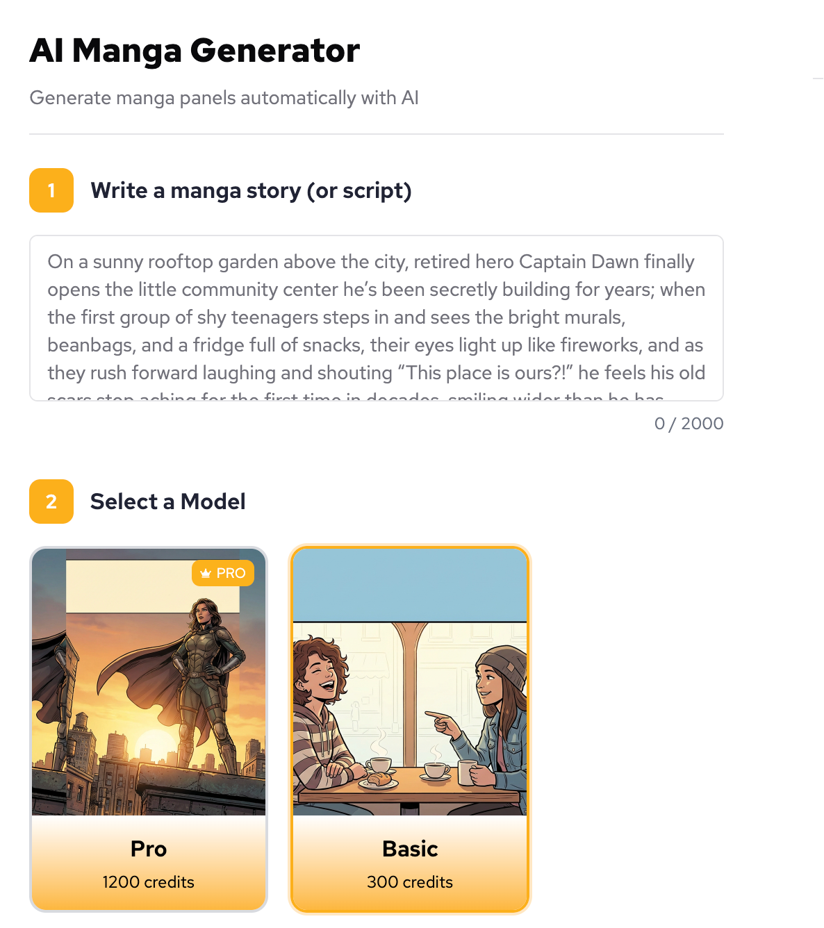Input manga script and select model