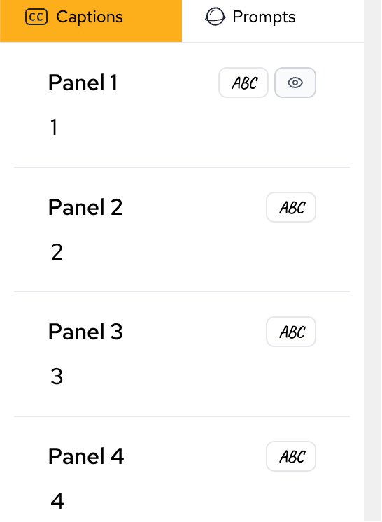 Panel editor showing individual caption toggles for each comic panel