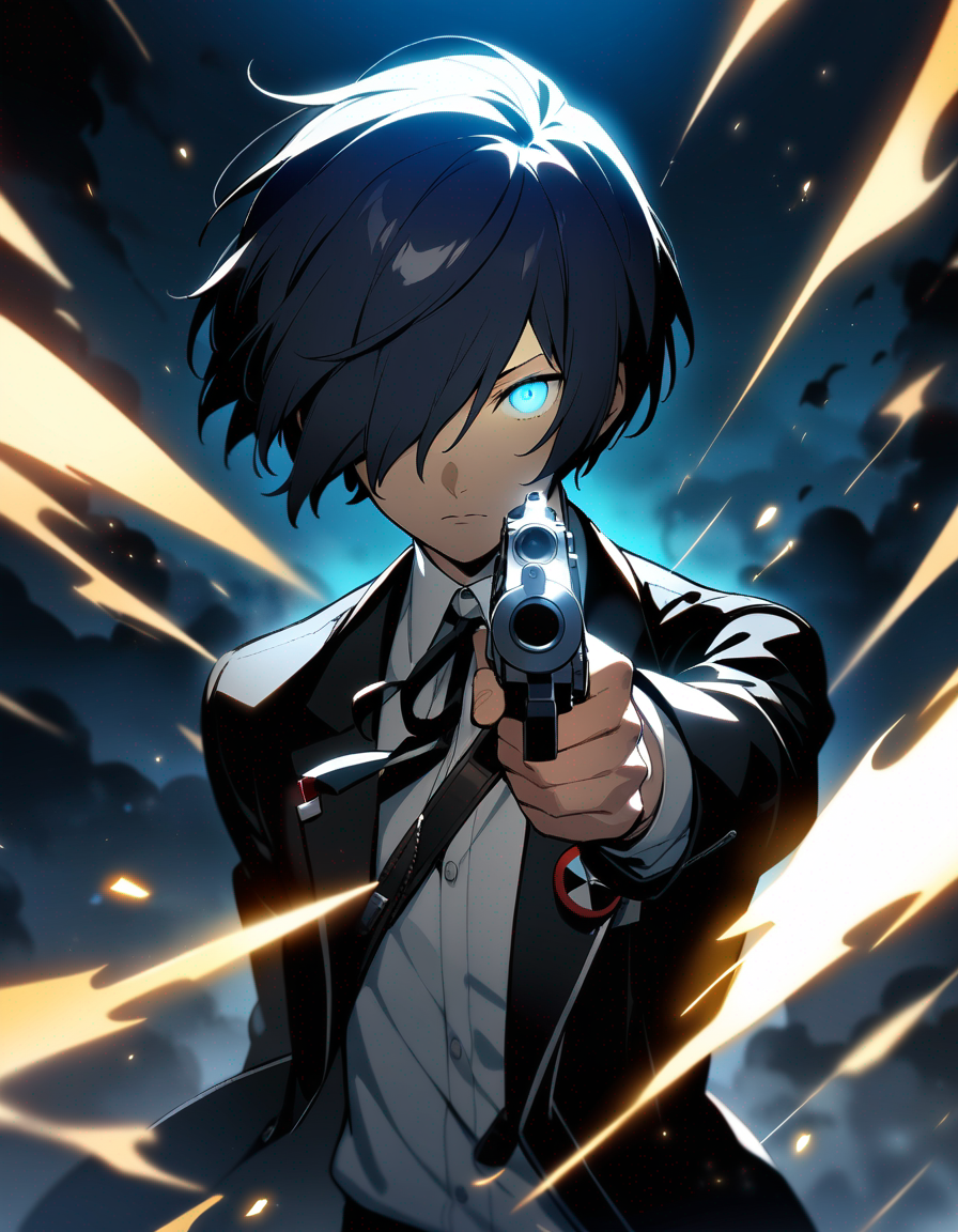 1boy, male focus, yuuki makoto (persona 3), persona 3, black jacket, white shirt, long sleeves, closed mouth, glowing eyes, gun, hair over one eye, holding gun, handgun, looking at viewer, solo, upper body