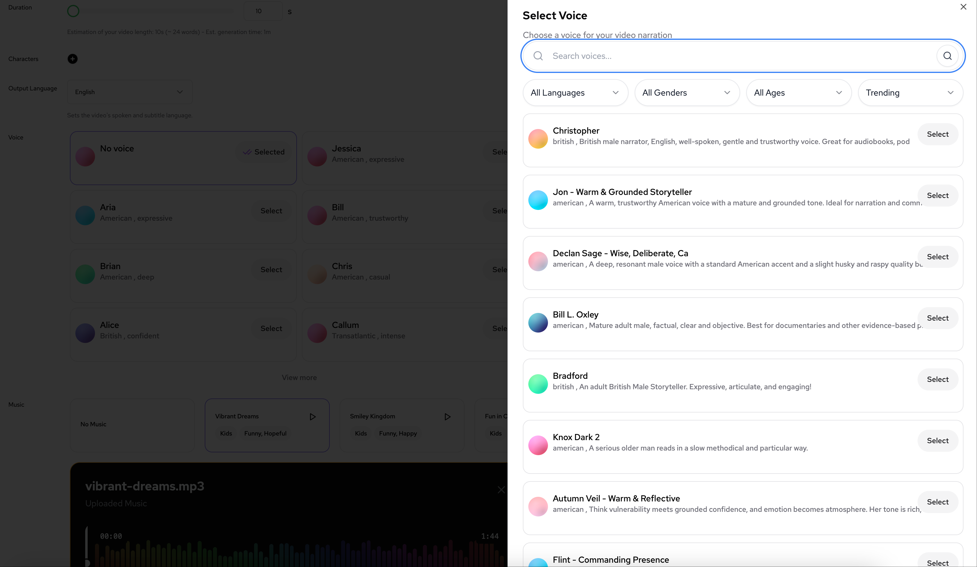 Interfaccia di selezione voci che mostra la libreria voci video espansa