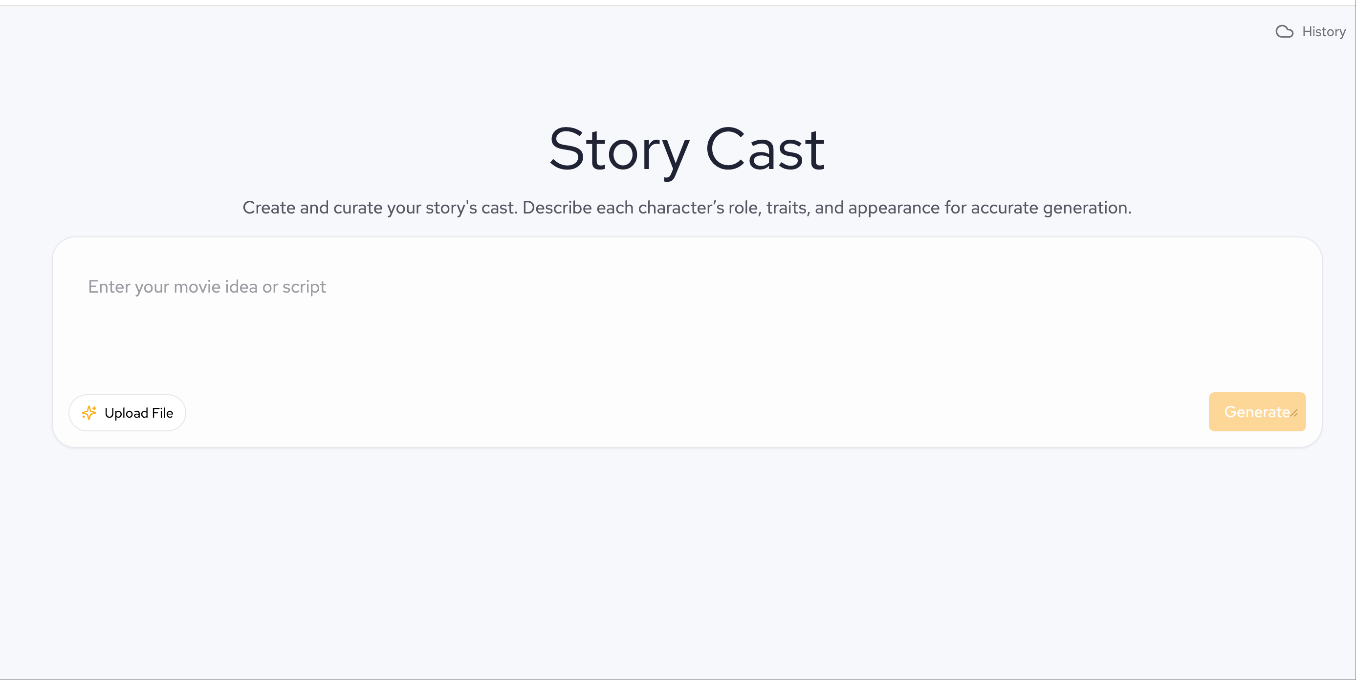 Interfaccia Story Cast che mostra opzioni per la creazione e il casting dei personaggi
