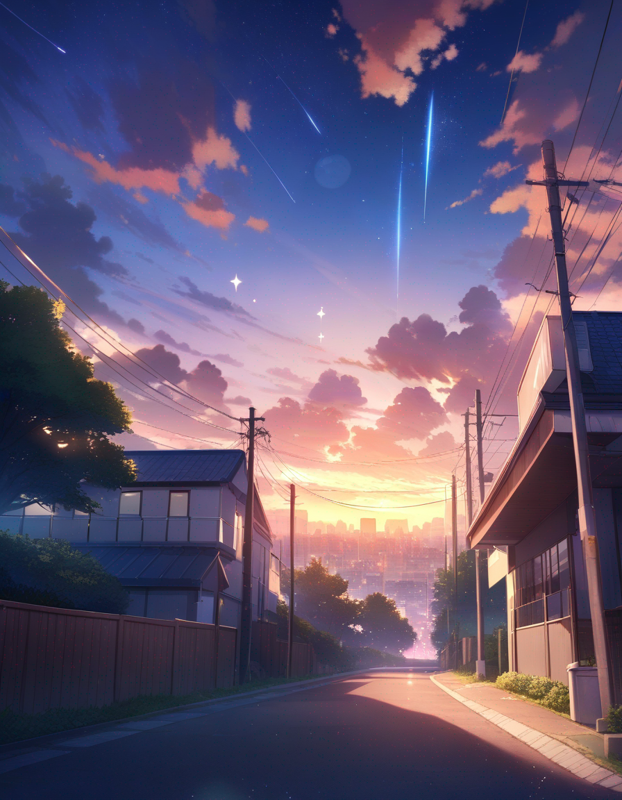kimi no na wa., building, cityscape, cloud, cloudy sky, gradient sky, lens flare, no humans, outdoors, power lines, scenery, shooting star, sky, sparkle, star (sky), starry sky, sunset, tree, utility pole