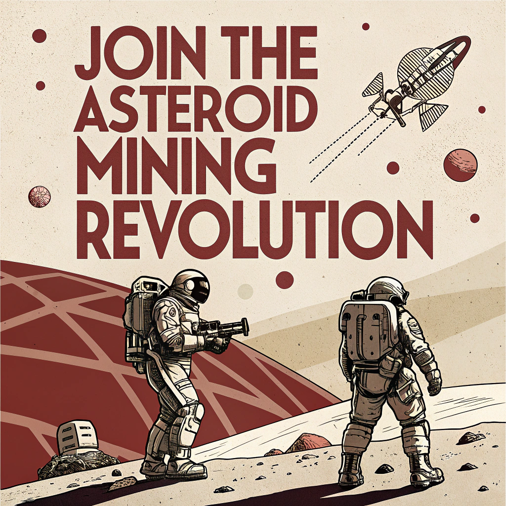 Design a minimalist, propaganda-style poster encouraging Earth's citizens to Join the Asteroid Mining Revolution, with bold, geometric illustrations of futuristic mining equipment and a stark, contrasting color palette