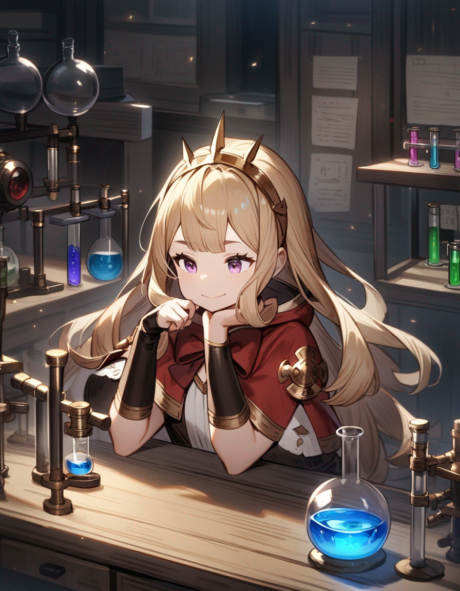 1girl, cagliostro, granblue fantasy, violet eyes, standing, hand on own chin, looking at object, smile, closed mouth, table, beaker, glass tube, experiment apparatus, dark room, laboratory