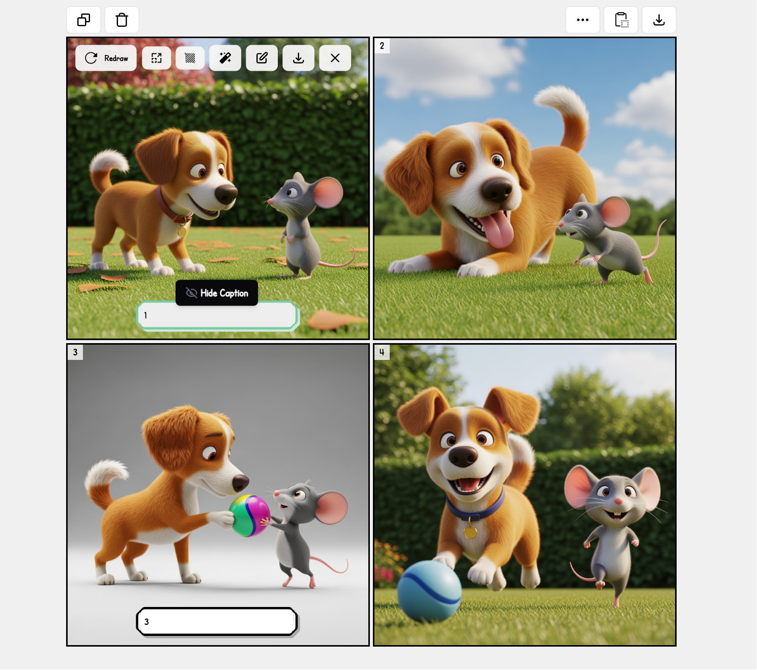 Panel editor showing individual caption toggles for each comic panel