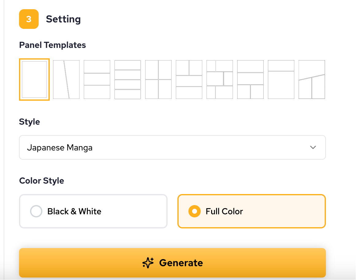 Select panel layout and generate manga