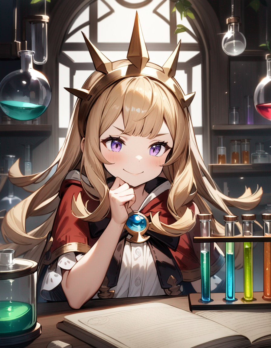 1girl, cagliostro, granblue fantasy, violet eyes, standing, hand on own chin, looking at object, smile, closed mouth, table, beaker, glass tube, experiment apparatus, dark room, laboratory, upper body